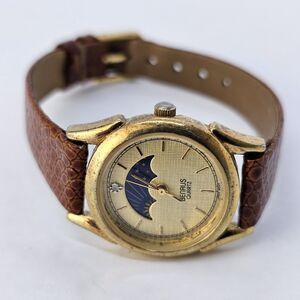 Benrus Women Watch Moon Phase25MM Gold Dial Case Brown Leather Bands New Battery